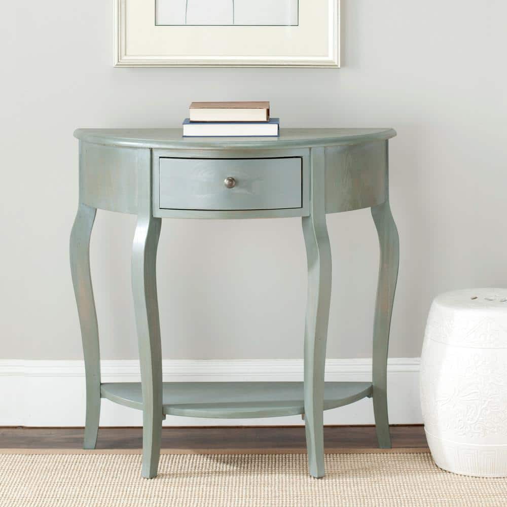 Gray Pine Wood Demilune Console Table with Storage