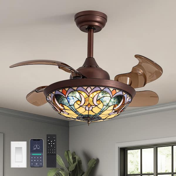 36 in. Indoor Smart Integrated LED Brown Retractable Ceiling Fan with Light and Remote Included Tiffany Glass Shade