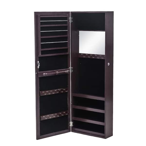 Outopee Full Surface Wall Mounted Brown Jewelry Armoires Cabinet with Inner Mirror and 3-Color LED 43 in. H x 15 in. W x 4 in. D