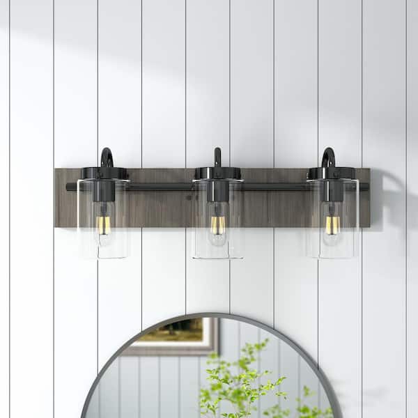 LANSEKI Woodville 24 in. Farmhouse 3-Light Matte Black/Vintage Oak Dimmable Vanity Light with Clear Glass Shade