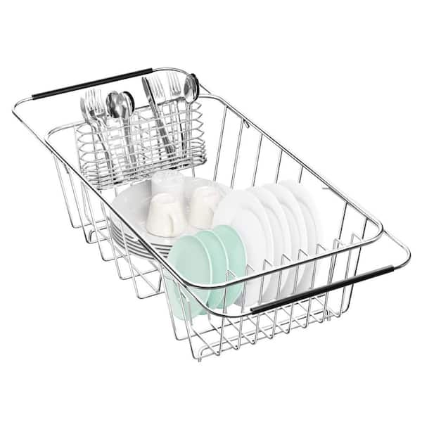 Small Expandable Stainless Steel Dish Drainer Rack, Adjustable Metal Dish Drying Rack Organizer with Utensil Holder