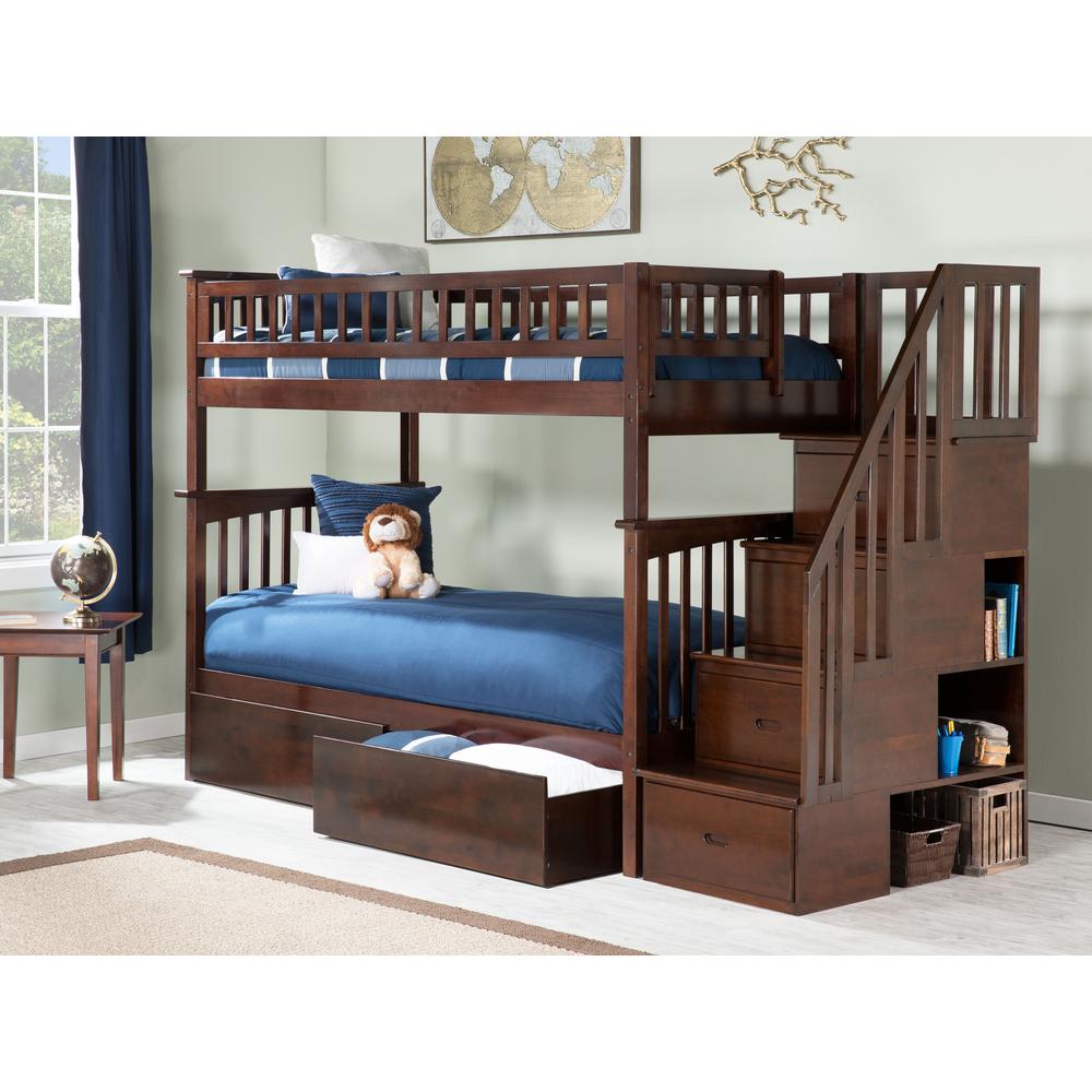 Columbia Walnut Twin over Twin Heavy Duty Wood Staircase Bunk Bed with 2-Under Bed Storage Drawers