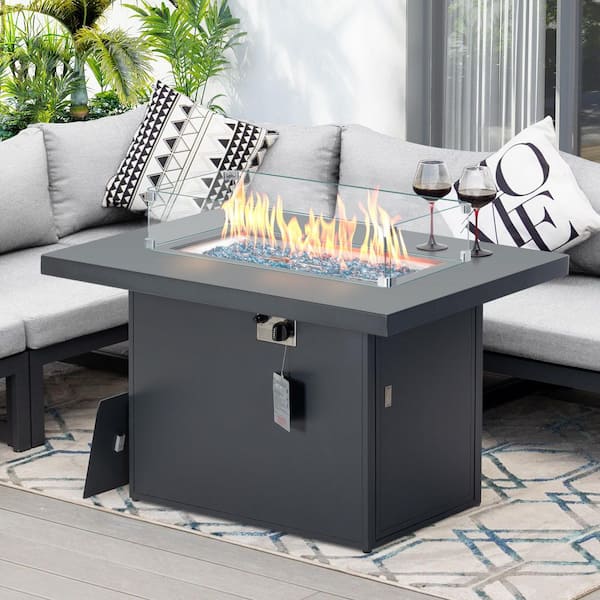 Unbranded 43 in. 60000 BTU Outdoor Gray Rectangular Aluminum Propane Gas Fire Pit Table with Glass Wind Guard and Cover