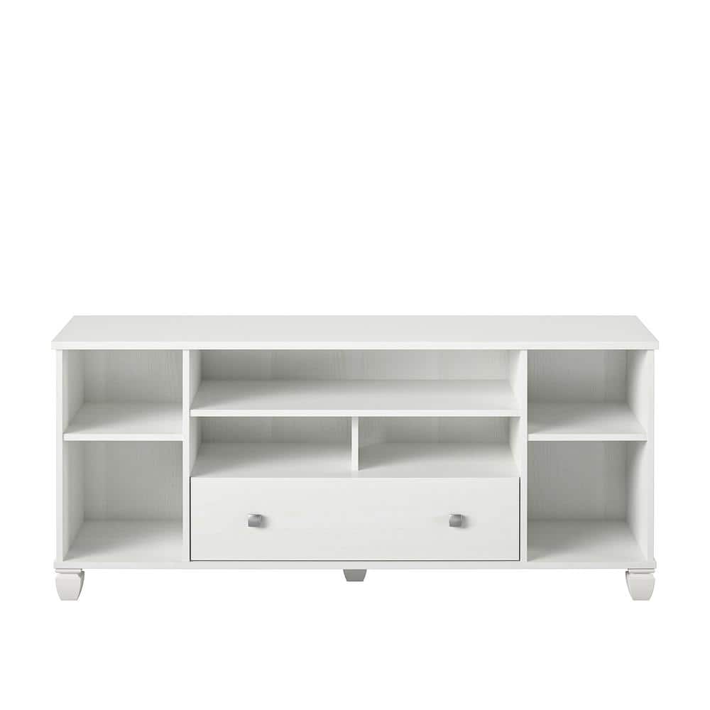 Bollen White TV Stand for TVs up to 64 in. with 7 Open Shelves and 1-Drawer