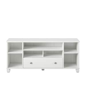 Ameriwood Home Bollen White TV Stand for TVs up to 64 in. with 7 Open Shelves and 1-Drawer