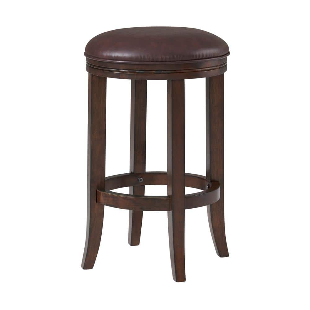 Distressed Walnut Backless Counter Stools with Leather Seat, Set of 2