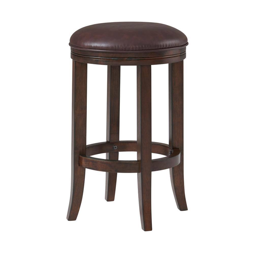 Distressed Walnut Backless Counter Stools with Leather Seat, Set of 2