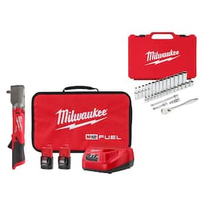 M12 FUEL 12V Lithium-Ion Cordless 3/8 in. Right Angle Impact Wrench Kit w/3/8 in. Drive Mechanics Set (32-Piece)