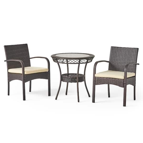 Noble House Ridley Multi-Brown 3-Piece Faux Rattan Outdoor Patio Bistro Set