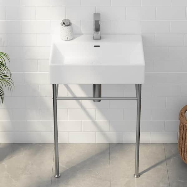 Turner 24 in. Vitreous China White Console Sink Basin and Brushed Nickel Stainless Steel Legs Combo with Overflow Hole