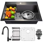 All-in-One Matte Black Finished Stainless Steel 25 in. x 22 in. Drop-In Single Bowl Kitchen Sink with Pull-Down Faucet