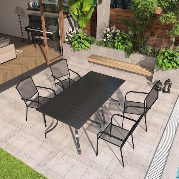 6-Piece Black Steel Dining Chair Square Table 28.54 in. H Outdoor Dining Set with Umbrella Hole