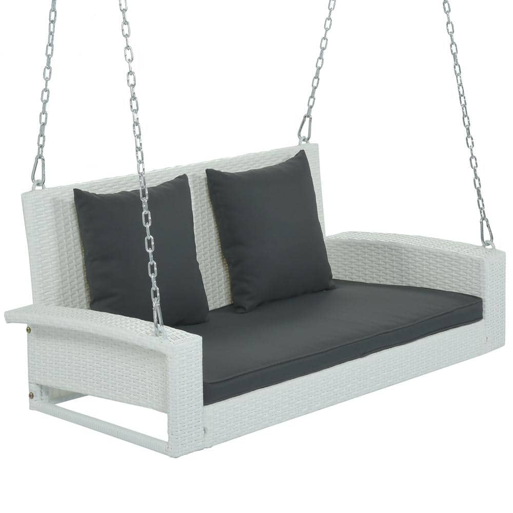 2-Person White Wicker Porch Swing, Swing Bench with Grey Cushions and Pillo