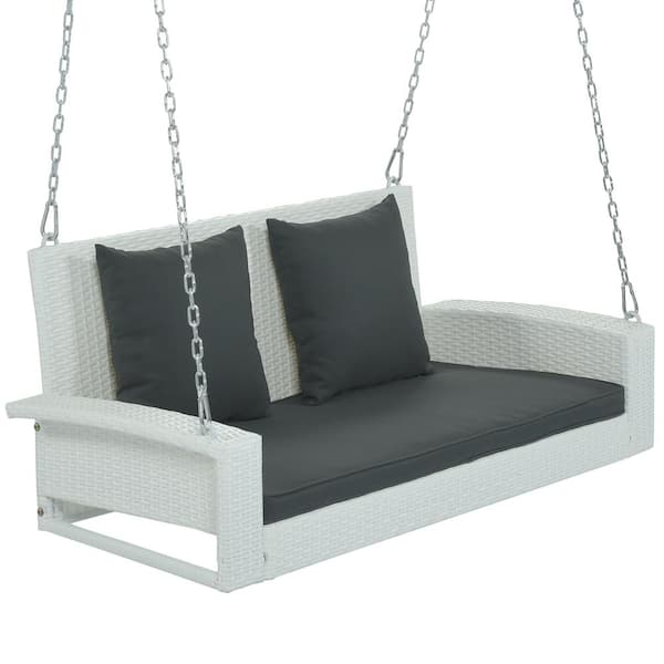 Unbranded 2-Person White Wicker Porch Swing, Swing Bench with Grey Cushions and Pillows for Garden, Backyard