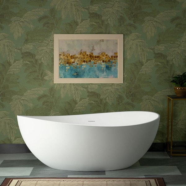 63 in. x 35 in. Solid Surface Stone Resin Soaking Bathtub with Center Drain in Matte White