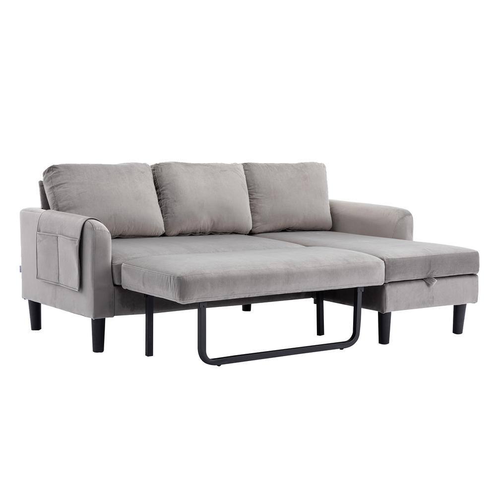 HOMEFUN 73 in. Modern Sliver Gray Velvet Reversible Sleeper Sectional Sofa Bed with Side Pocket
