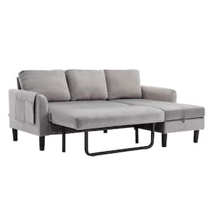 73 in. Modern Sliver Gray Velvet Reversible Sleeper Sectional Sofa Bed with Side Pocket and Storage Chaise
