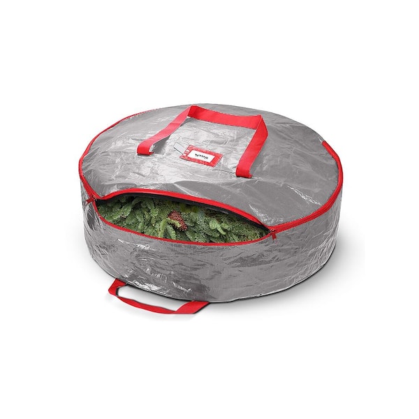 OSTO 30 in. Gray Water Resistant Christmas Wreath Storage Bag Holder, Artificial Wreaths Plastic Storage Protection