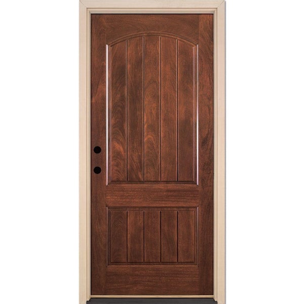 Feather River Doors 37.5 in. x 81.625 in. 2-Panel Plank Chocolate Mahogany Stained Right-Hand Inswing Fiberglass Prehung Front Door