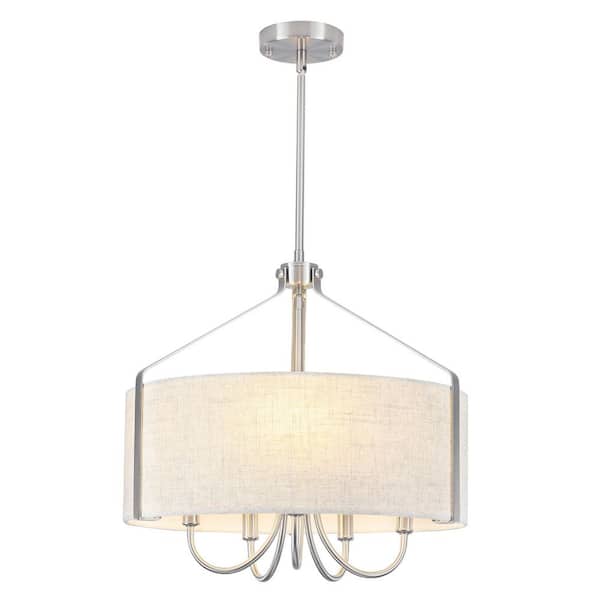 5-Light Nickel Candlestick Hanging Linear Chandelier Lighting Fixture with Cloth Shade for Kitchen Island