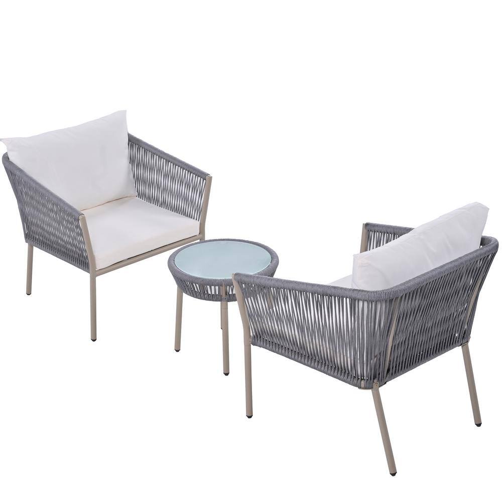 Tenleaf Gray 3-Piece Woven Rope Metal Outdoor Bistro Set with White Cushion  VM707-2 The Home Depot