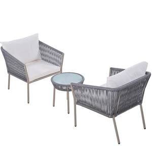 Gray 3-Piece Woven Rope Metal Outdoor Bistro Set with White Cushion