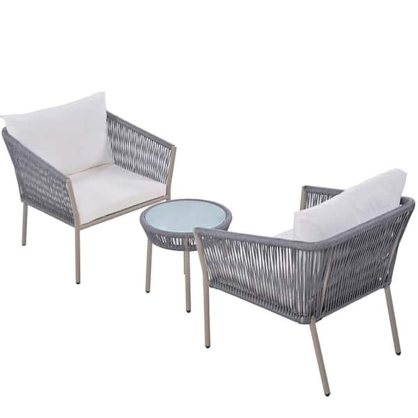 Tenleaf Gray 3-Piece Woven Rope Metal Outdoor Bistro Set with White Cushion