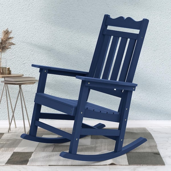 Sonkuki Navy Blue Plastic Adirondack Rocking Chair with Big Armrest Weather Resistant, Fire Pit Outdoor Rocking Chair