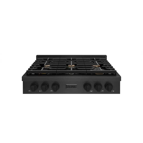 36 in. Paramount Gas Rangetop with 6 Brass Burners and Porcelain Cooktop in Black Satin Stainless Steel