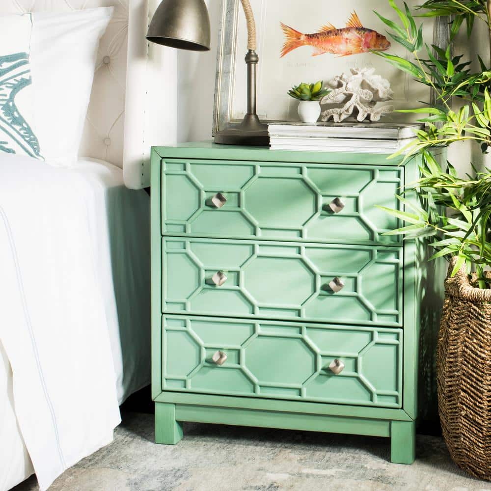 Transitional Turquoise Solid Rubberwood 3-Drawer Chest
