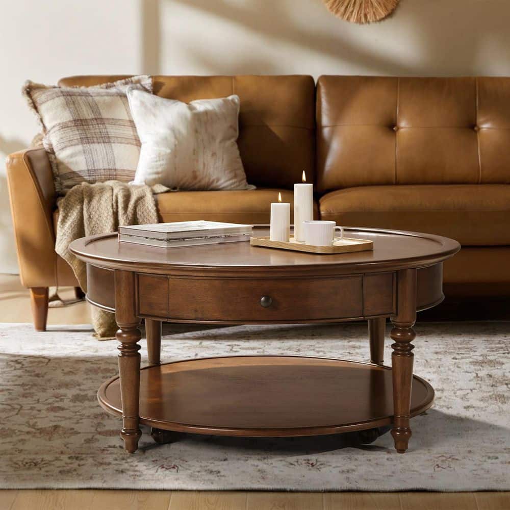 Valente 39.5 in. Walnut Round Traditional Wood Coffee Table with Drawer Storage