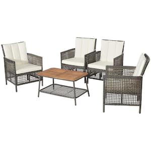 5-Pieces Off White Rattan Patio Conversation Set with Wooden Tabletop