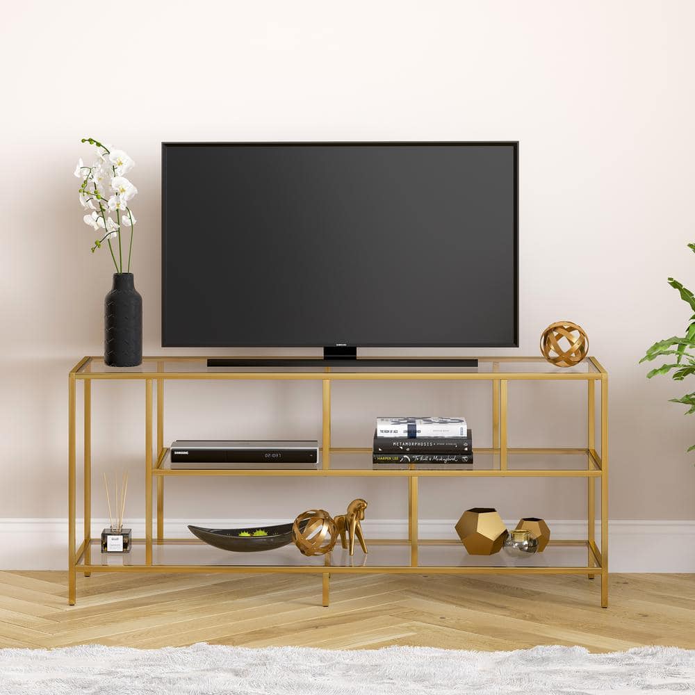 Winthrop 55" White Brass TV Stand with Tempered Glass Shelves