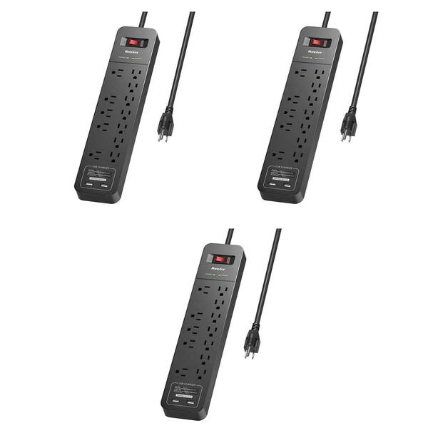 Huntkey Power Strip Surge Protector with 12 AC Sockets and 2 USB Charging Ports in Black (3-Pack)