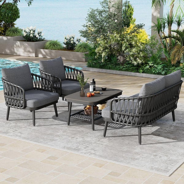 Modern Outdoor Metal and Rope 4-Piece 4-Seat Patio Conversation Sectional Deep Seating Sofa Set w/ Cushion Guard, Grey