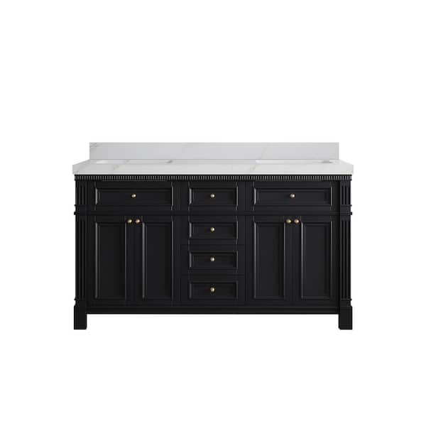 Paris 60 in. W x 22 in. D x 36 in. H Double Sink Bath Vanity in Black with 2 in. Calacatta Sienna qt. Top