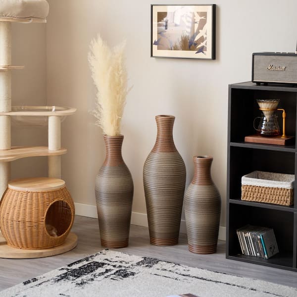 20 in. 24 in. 28 in. Brown Gray PVC Bottle Floor Vase Trio Textured Modern Tall Vases, Artificial Plant Stand (Set of 3)