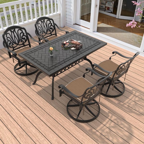 Elizabeth 5-Piece Cast Aluminum Patio Outdoor Dining Set with Rectangle Dining Table,4 Swivel Chairs and 4 Brown Cushion