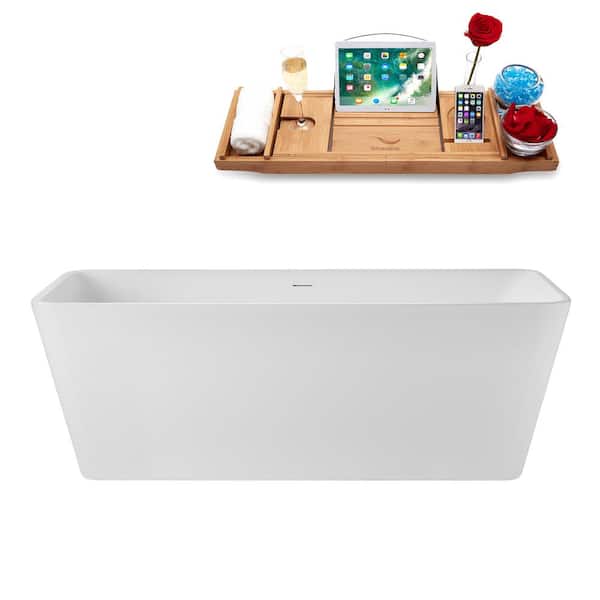 Streamline 67 in. x 30 in. Acrylic Freestanding Soaking Bathtub in Glossy White with Brushed Nickel Drain, Bamboo Tray