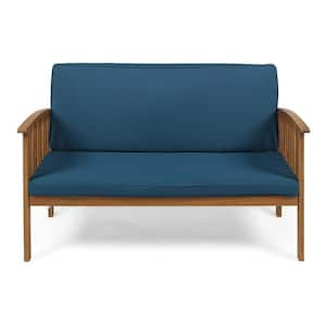 Brown 1 Piece Wood Outdoor Loveseat with Blue Cushion