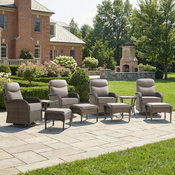 Goyal 10-Piece Brown Wicker Outdoor Rocking Chair Set Patio Swivel Glider Lounge Chairs with Gray Cushions and Ottomans