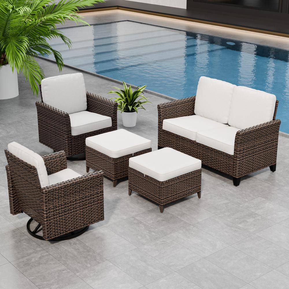 5-Piece Mix Brown Wicker Patio Conversation Set Wide Armrest Loveseat Sofa Set, Beige Cushions, Swivel Chairs, Ottomans price history on PriceWatchPro