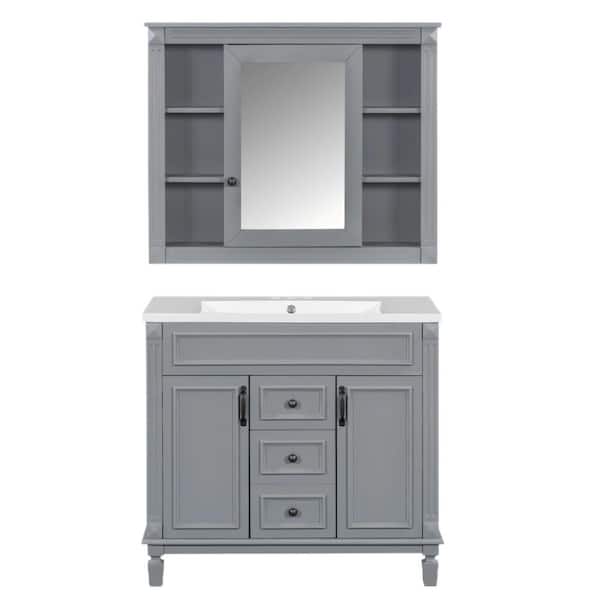 36 in. W x 18.10 in. D x 34.10 in. H Single Sink Bath Vanity Mirror Cabinet in Gray with White Resin Top and Mirror