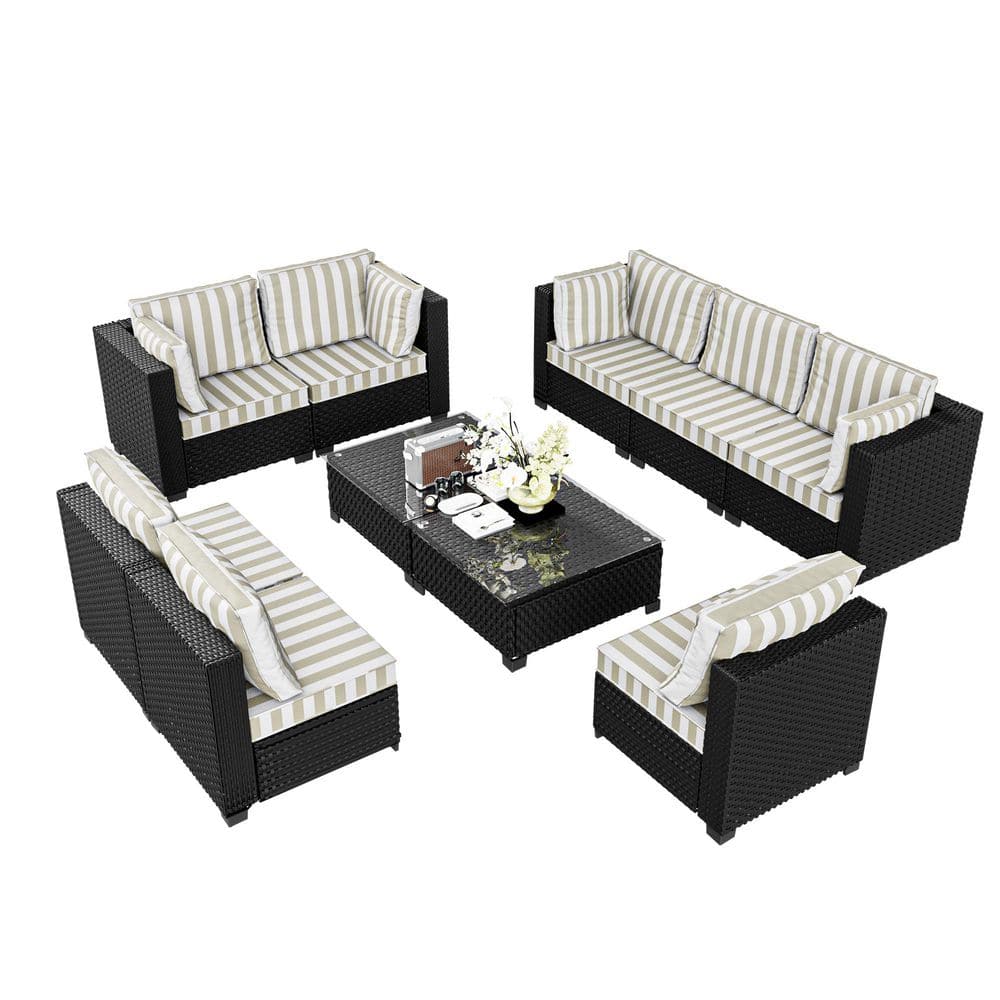 10-Piece Wicker Outdoor Patio Conversation Sofa Seating Set with Coffee Table, Striped Brown Cushions and Sofa Cover