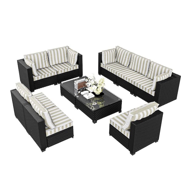 10-Piece Wicker Outdoor Patio Conversation Sofa Seating Set with Coffee Table, Striped Brown Cushions and Sofa Cover