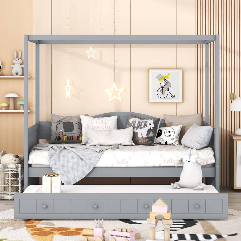 White Wood Frame Twin Size Canopy Bed, Daybed with Trundle - thumbnail 9
