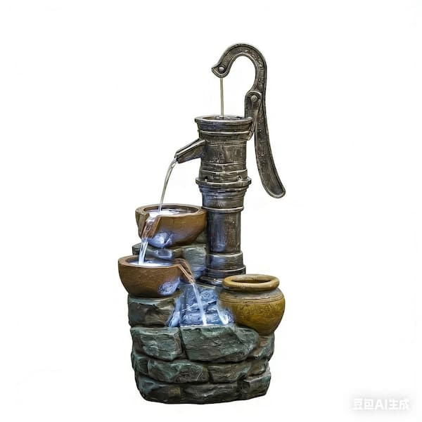 31.5 in. Outdoor 4-Tier Polyresin Waterfall Fountain with LED