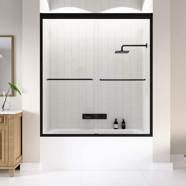 60 in. W x 62 in. H Double Sliding Framed Tub Door in Matte Black with SGCC 1/4 in. (6 mm) Tempered Clear Glass