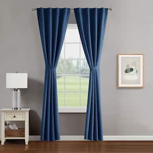 Tobie Navy Jacquard Polyester 38 in. W x 108 in. L Back Tab Blackout Curtain (2-Panels with 2-Tiebacks)