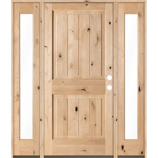 Krosswood Doors 64 in. x 80 in. Rustic Knotty Alder Square Top VG Unfinished Left-Hand Inswing Prehung Front Door with Full Sidelites